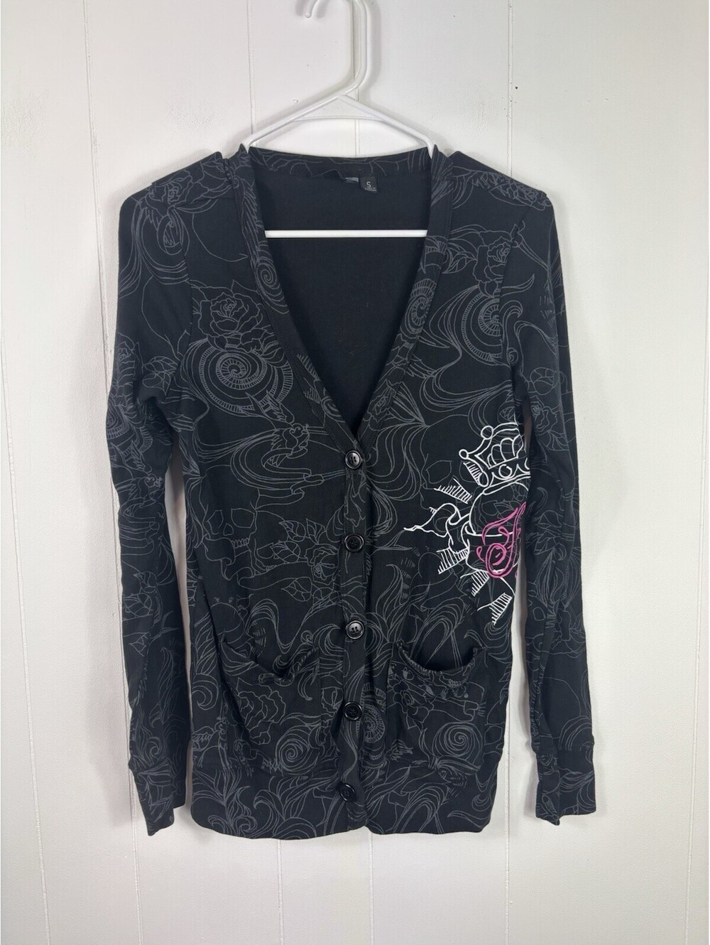 Womens FOX Riders Lightweight Black Cardigan Size S Graphics Goth Grunge Punk